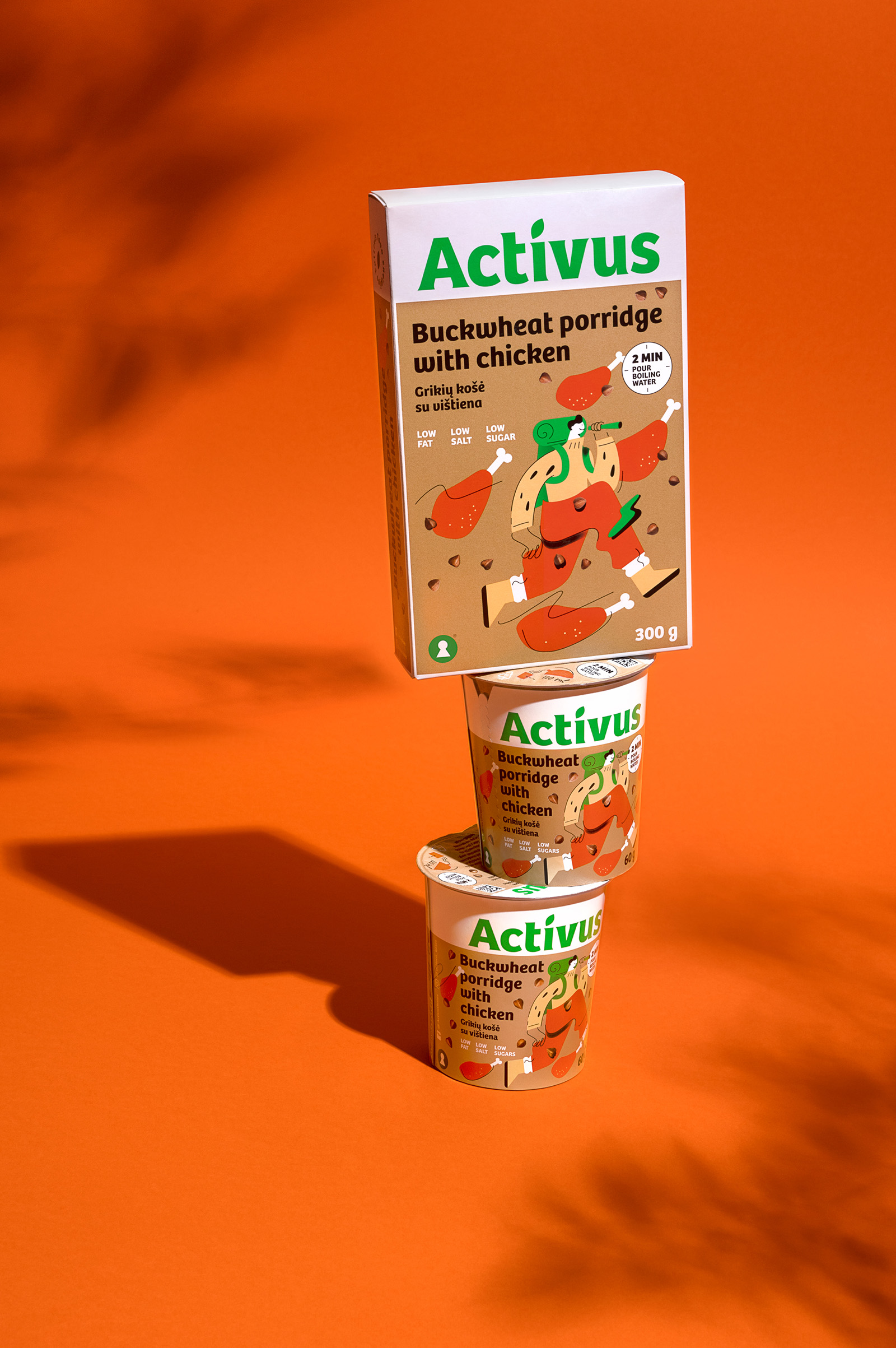 ACTIVUS 杯裝健康速食早餐午餐包裝設計，比例夸張的活力人物插畫