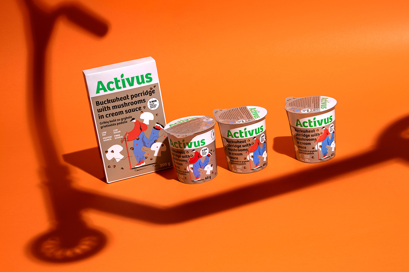 ACTIVUS 杯裝健康速食早餐午餐包裝設計，比例夸張的活力人物插畫