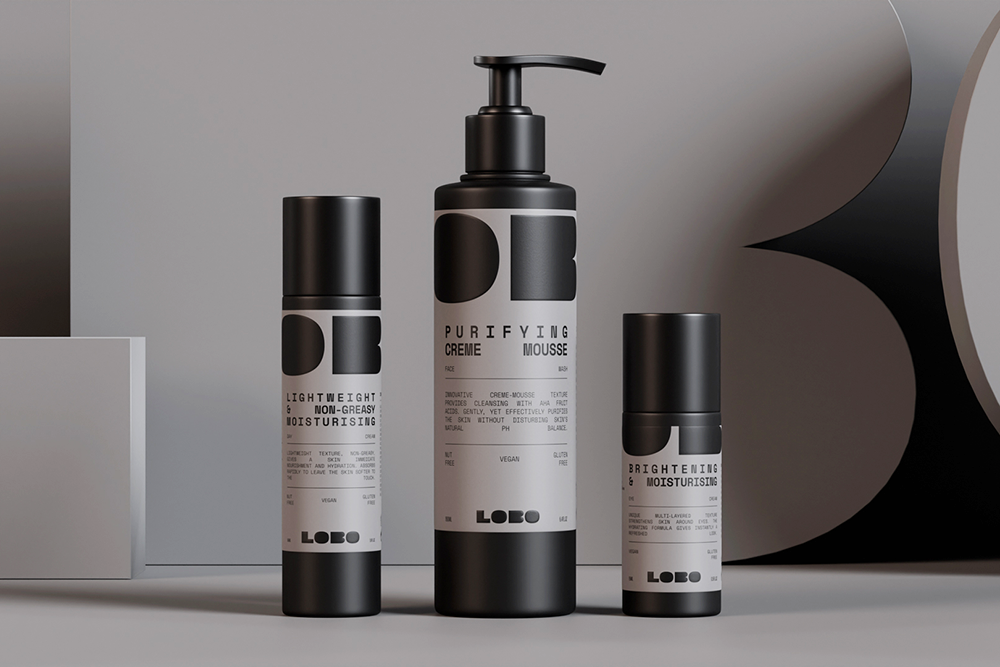LOBO 男性有機(jī)護(hù)膚化妝品品牌logo設(shè)計(jì)包裝設(shè)計(jì)，黑灰粗體字風(fēng)格