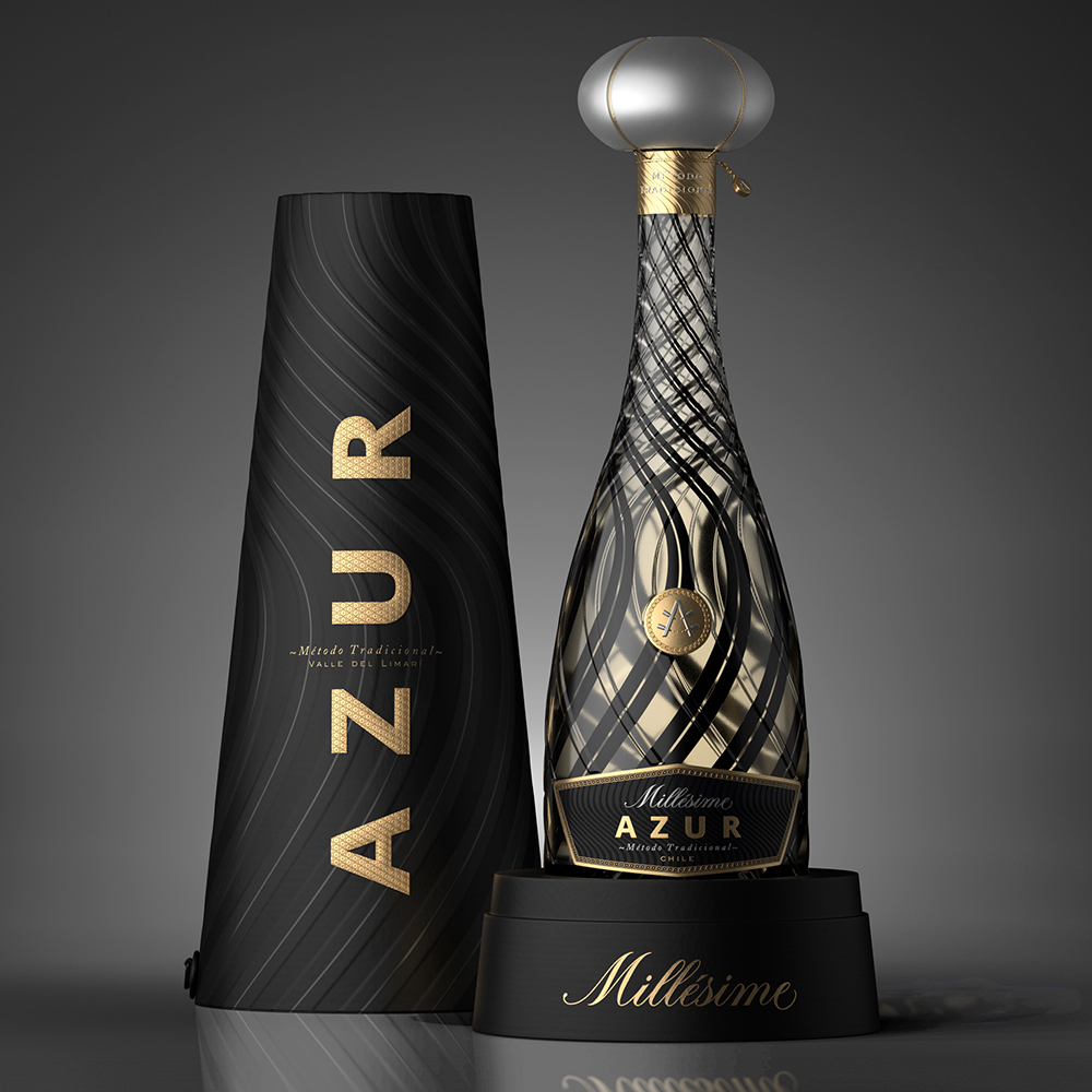 Azur 起泡酒包裝設計瓶型設計，黑金螺旋線條