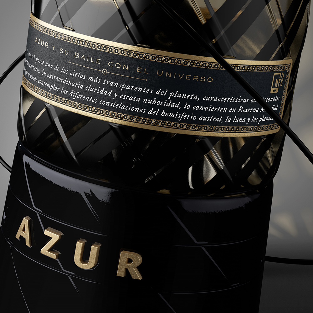 Azur 起泡酒包裝設計瓶型設計，黑金螺旋線條