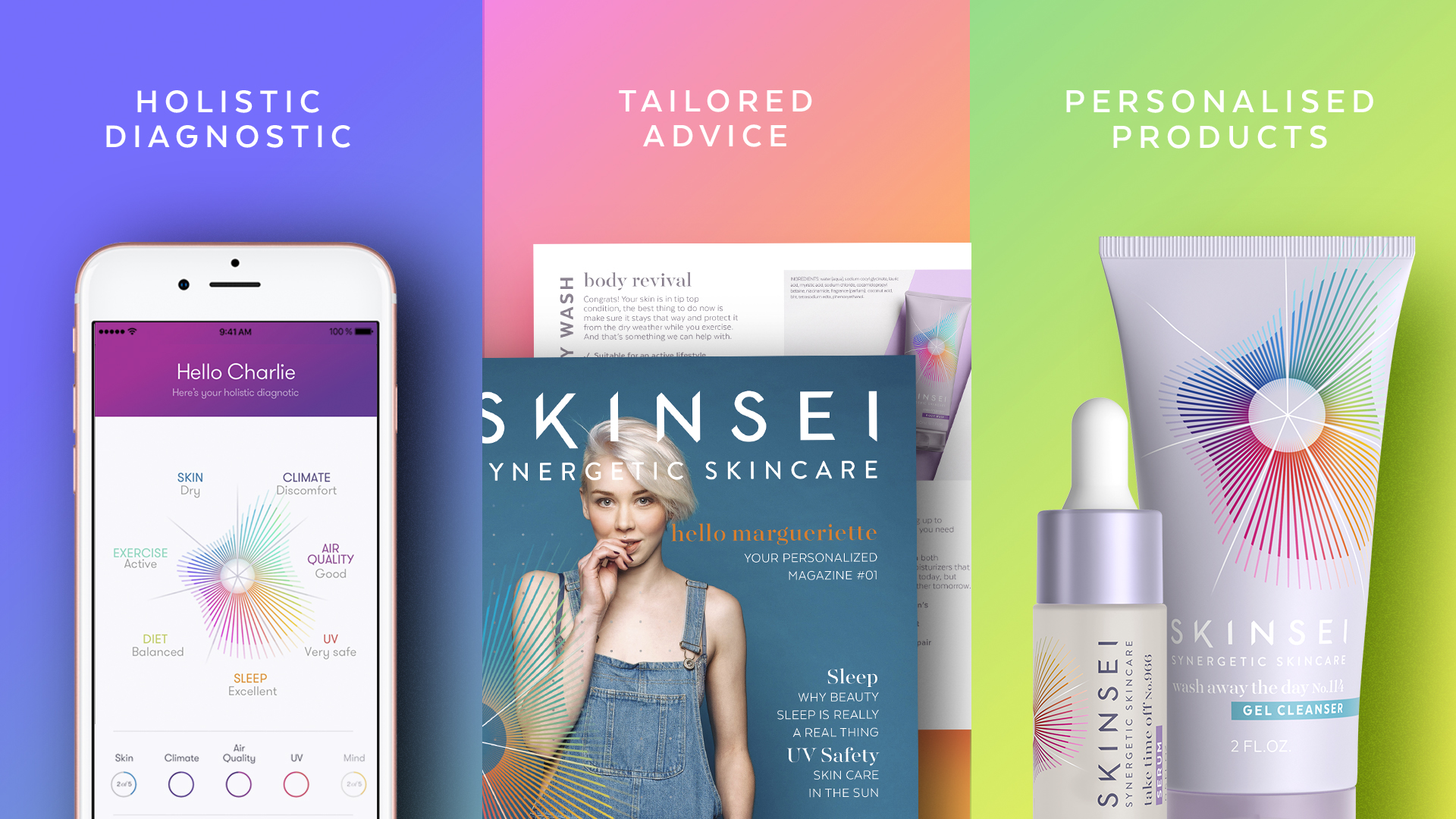 Skinsei私人個性化護膚品化妝品包裝設(shè)計，明亮多彩的萬花筒線條光譜主視覺圖案