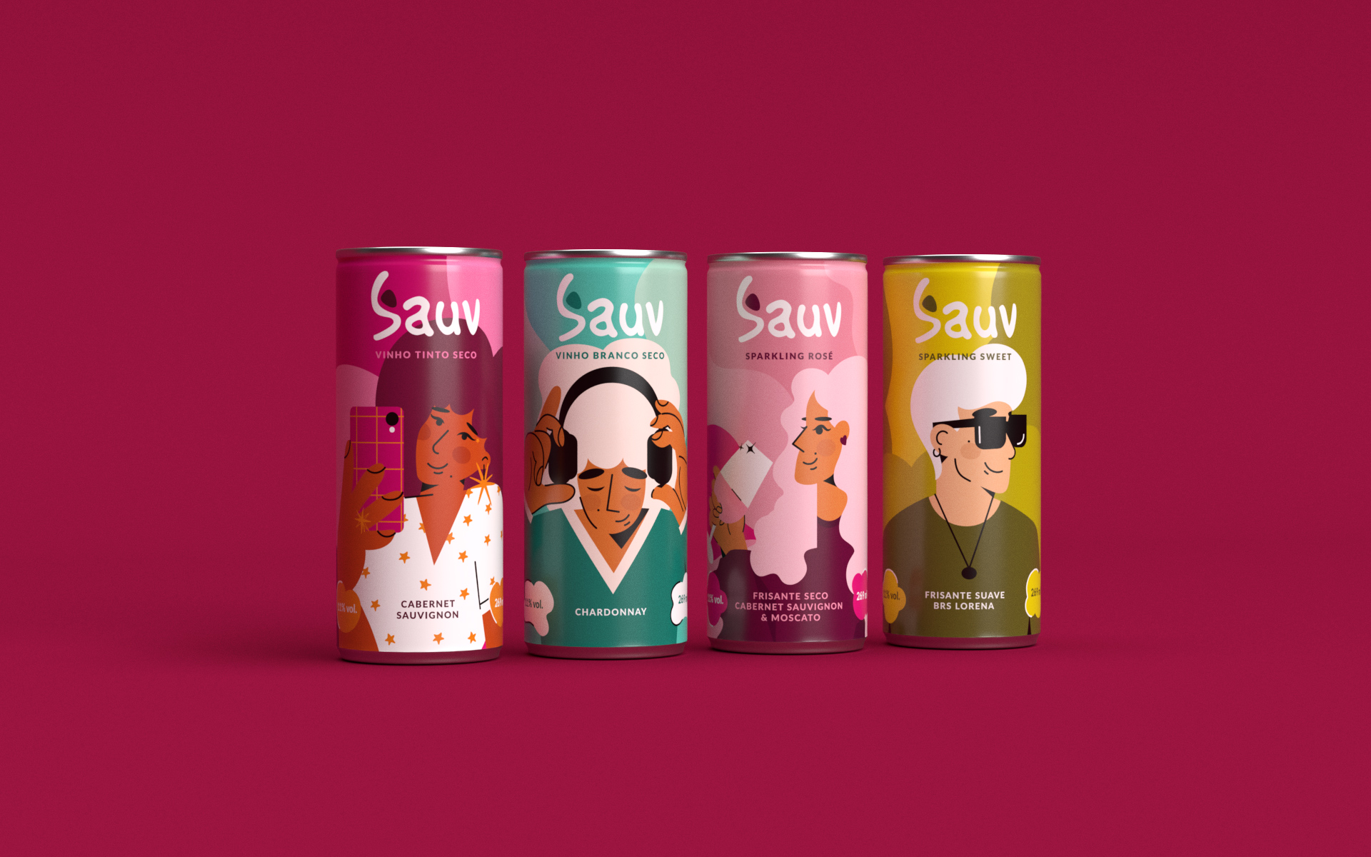 Sauv罐裝葡萄酒標(biāo)簽包裝設(shè)計和時尚人物插圖，開發(fā)年輕人更廣泛日常使用場景