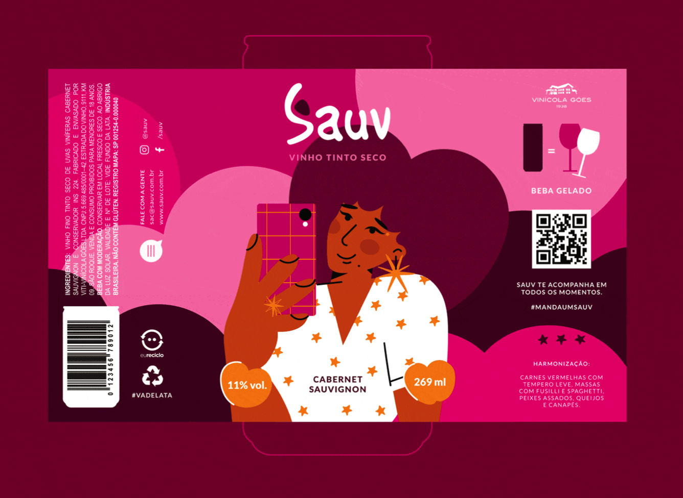 Sauv罐裝葡萄酒標(biāo)簽包裝設(shè)計和時尚人物插圖，開發(fā)年輕人更廣泛日常使用場景