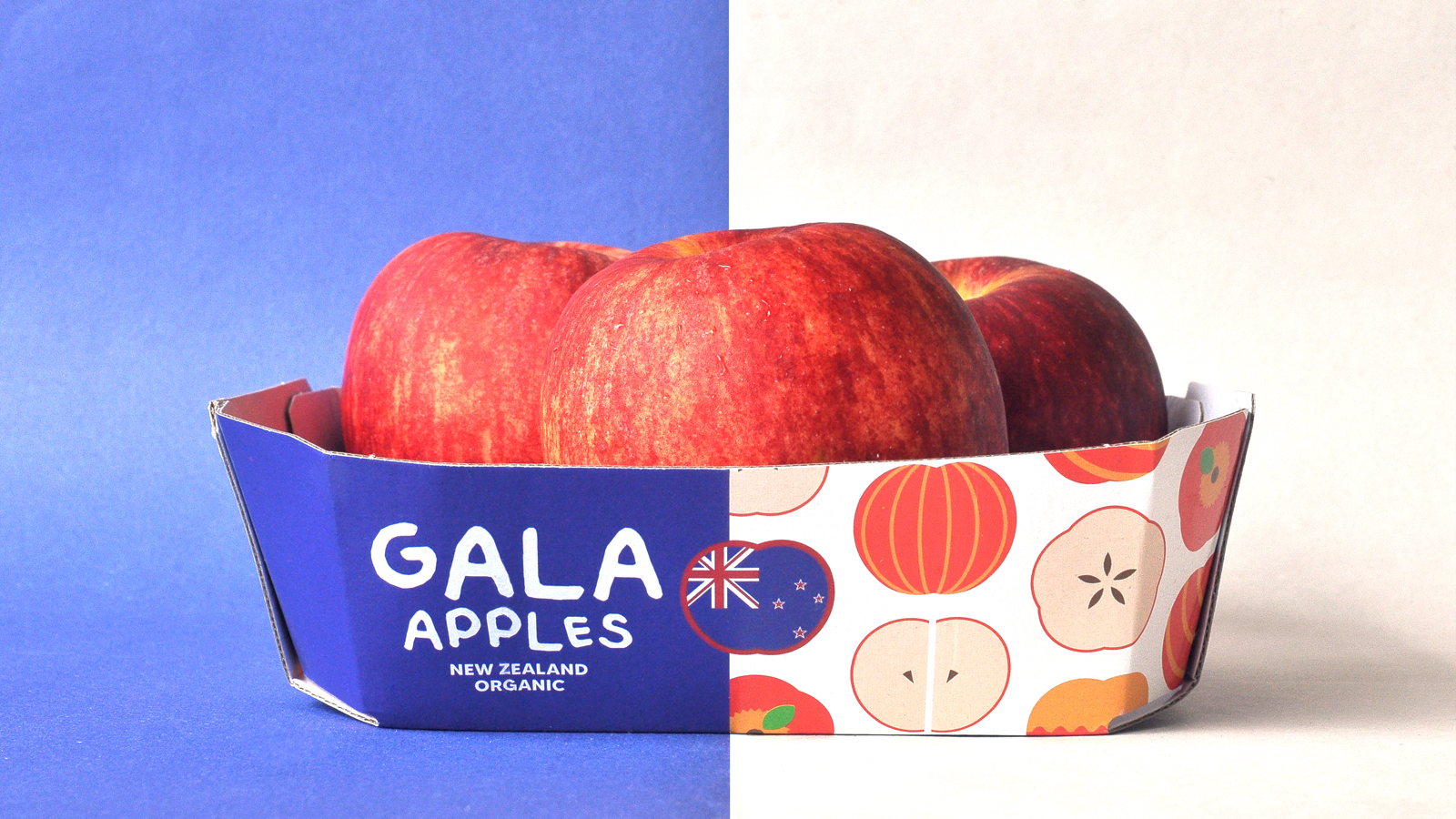 GALA 新西蘭有機(jī)蘋果節(jié)慶敞開式包裝盒設(shè)計(jì)，新西蘭國旗色+扁平圖標(biāo)組合