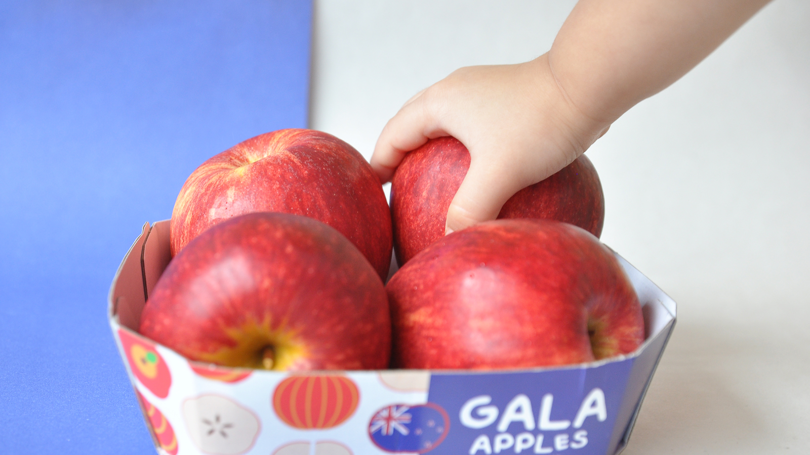 GALA 新西蘭有機蘋果節(jié)慶敞開式包裝盒設計，新西蘭國旗色+扁平圖標組合
