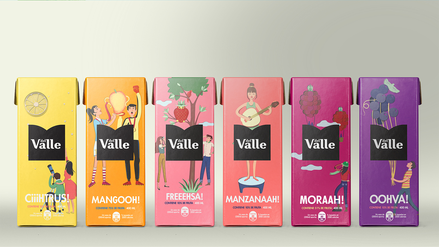 DEL VALLE 果汁包裝設計，少男少女+水果場景創意插畫