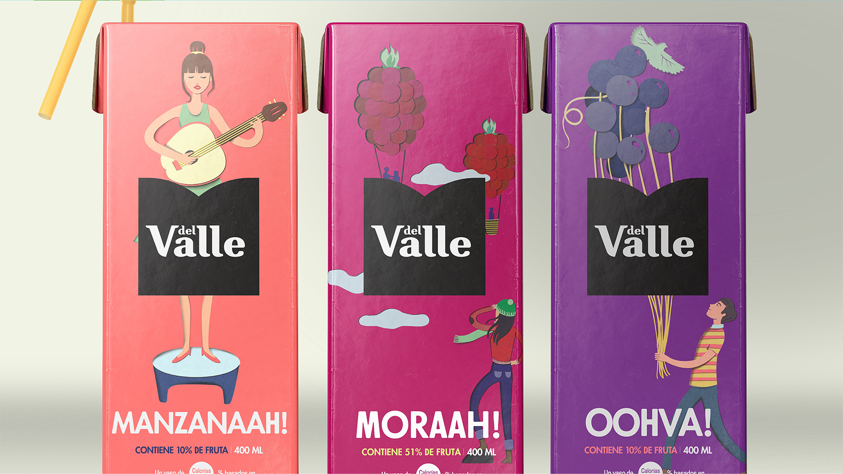 DEL VALLE 果汁包裝設(shè)計(jì)，少男少女+水果場景創(chuàng)意插畫