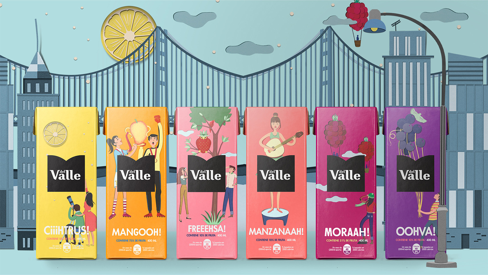 DEL VALLE 果汁包裝設計，少男少女+水果場景創意插畫