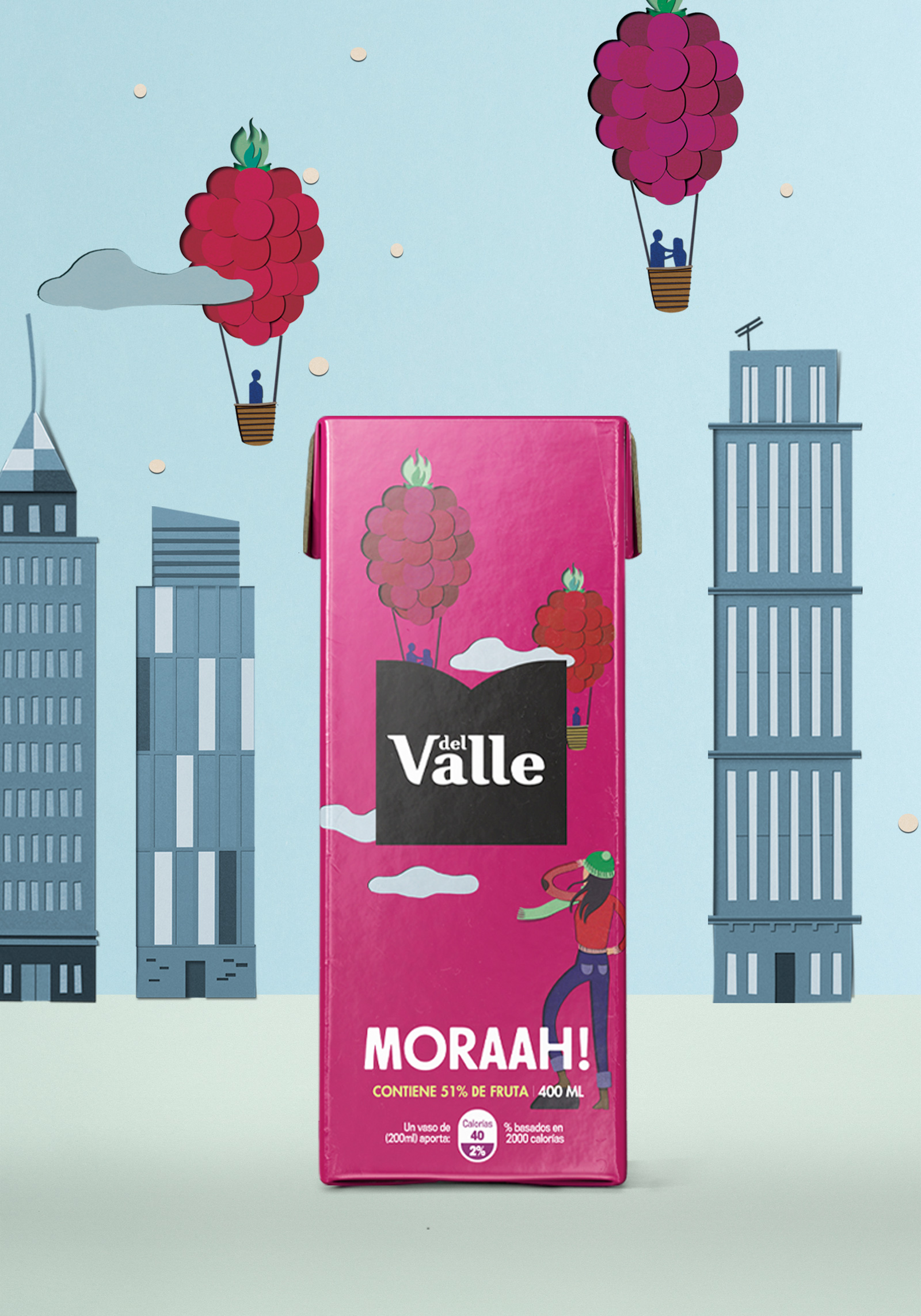 DEL VALLE 果汁包裝設計，少男少女+水果場景創意插畫