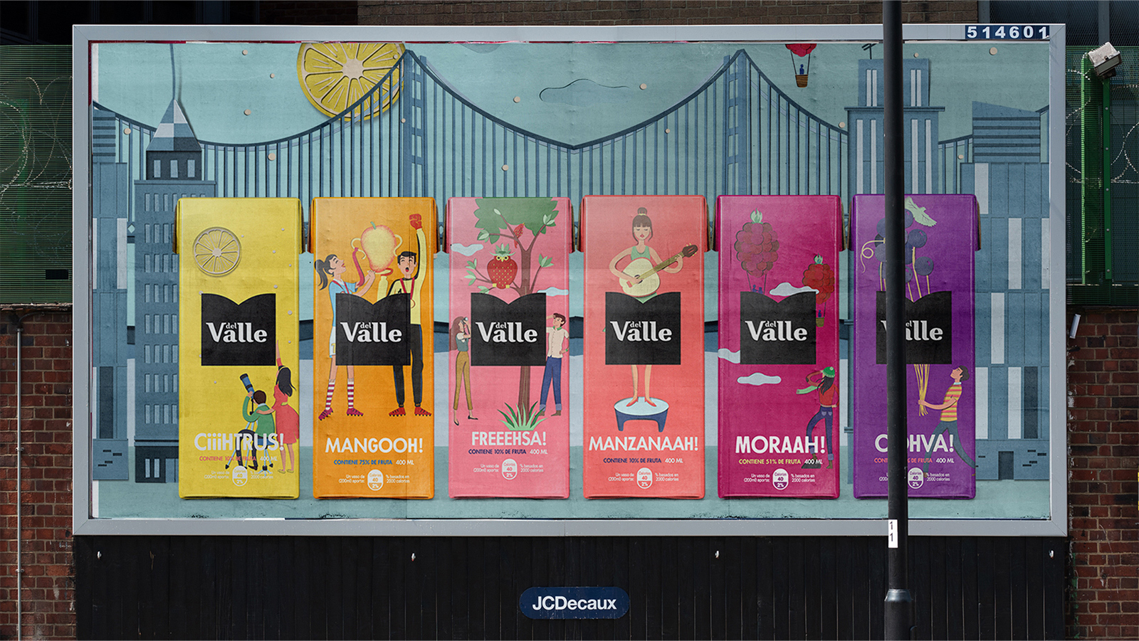 DEL VALLE 果汁包裝設計，少男少女+水果場景創意插畫