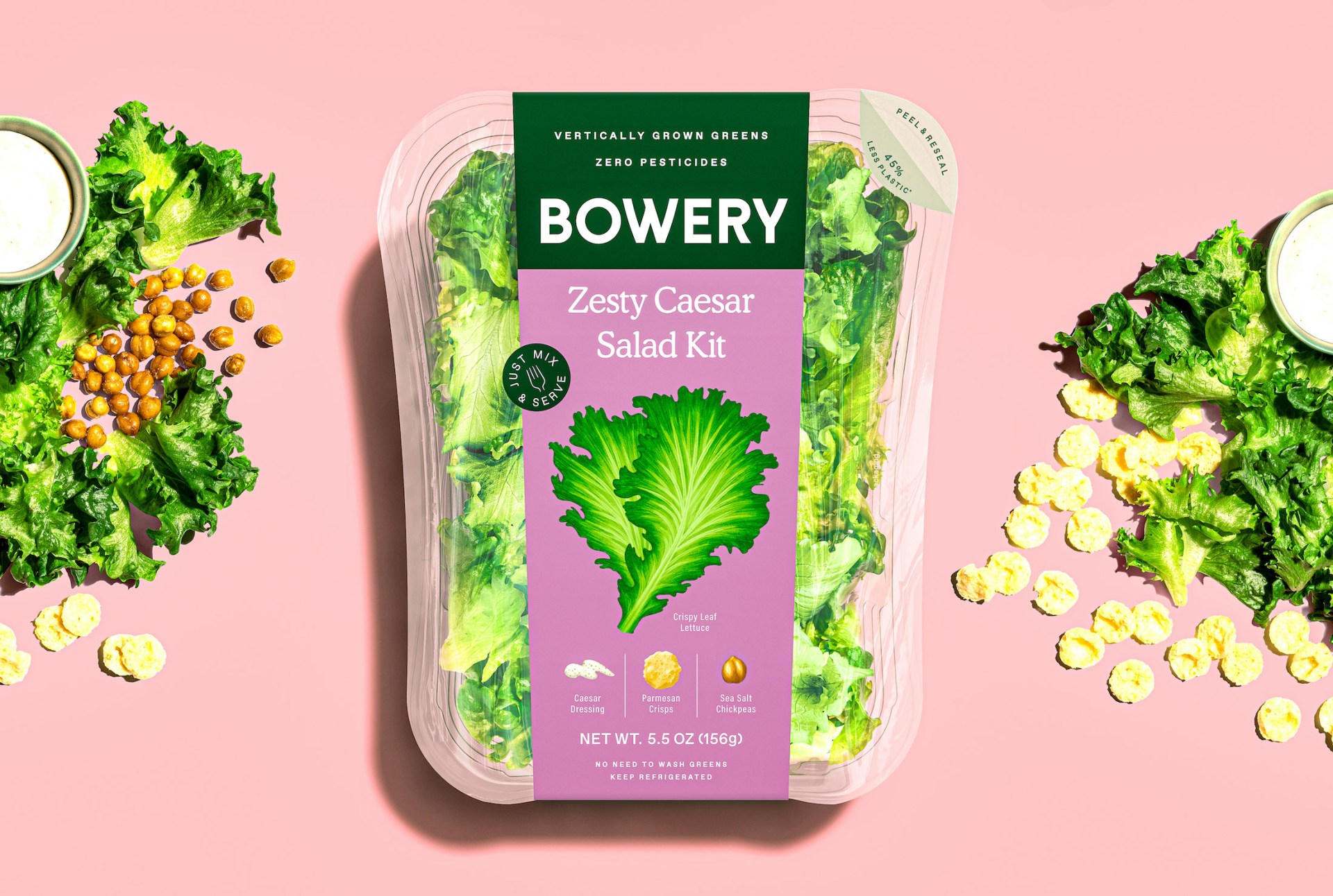 Bowery 垂直農(nóng)業(yè)農(nóng)場品牌蔬菜沙拉農(nóng)產(chǎn)品包裝設(shè)計(jì)，彩繪蔬菜圖案