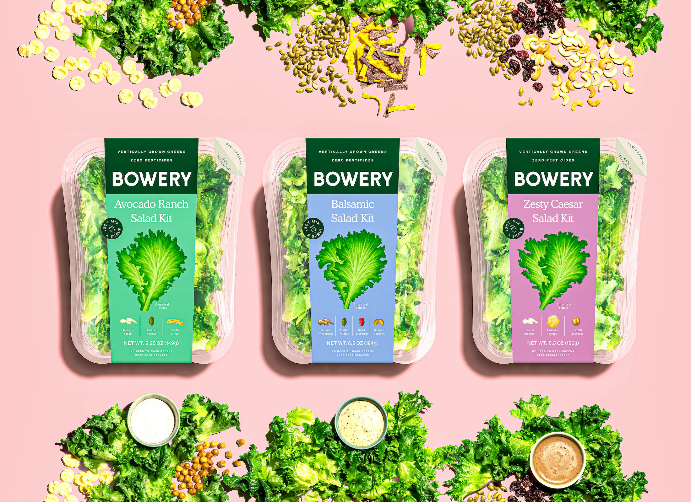 Bowery 垂直農(nóng)業(yè)農(nóng)場品牌蔬菜沙拉農(nóng)產(chǎn)品包裝設(shè)計(jì)，彩繪蔬菜圖案