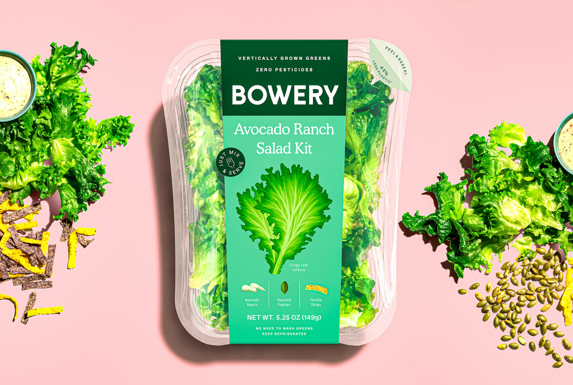 Bowery 垂直農(nóng)業(yè)農(nóng)場品牌蔬菜沙拉農(nóng)產(chǎn)品包裝設(shè)計(jì)，彩繪蔬菜圖案