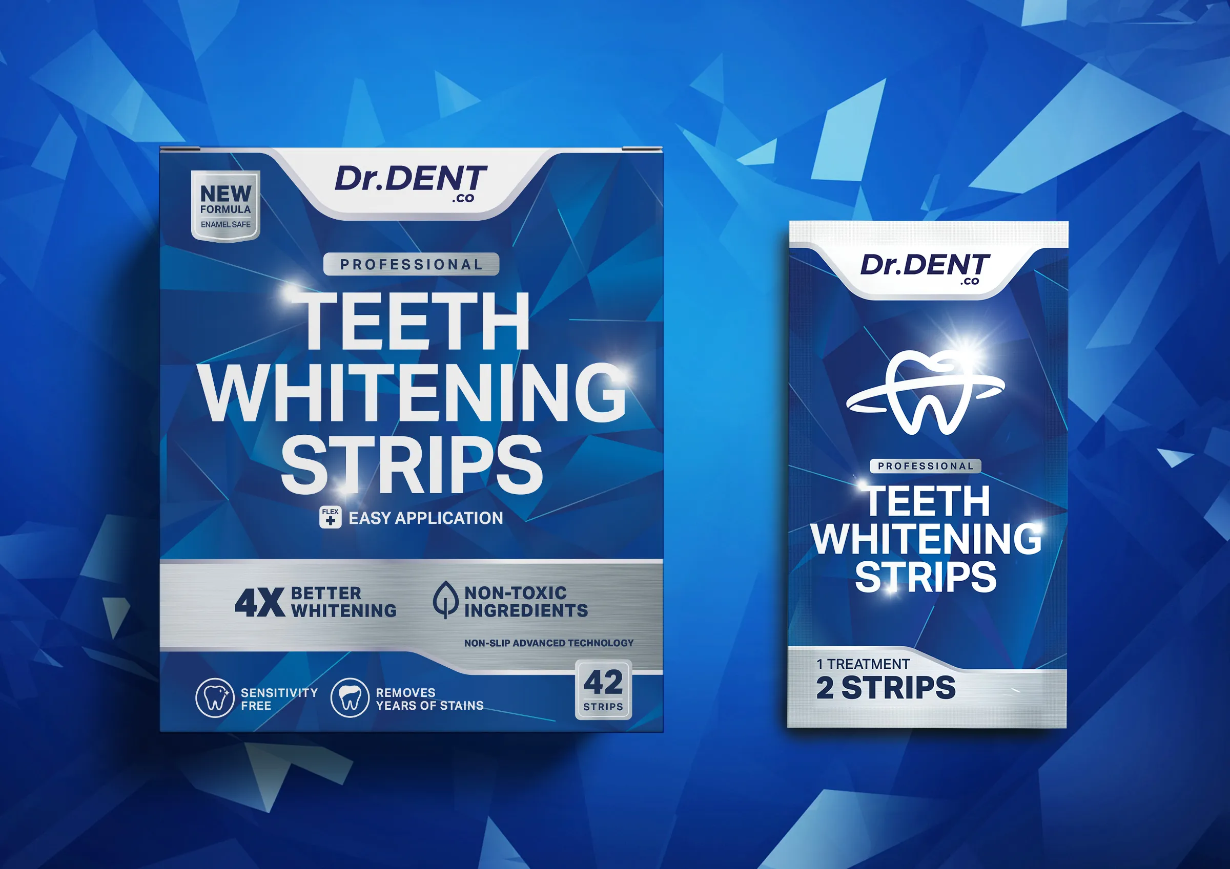 Dr.Dent牙齒美白條產品包裝設計，藍色與銀色效果