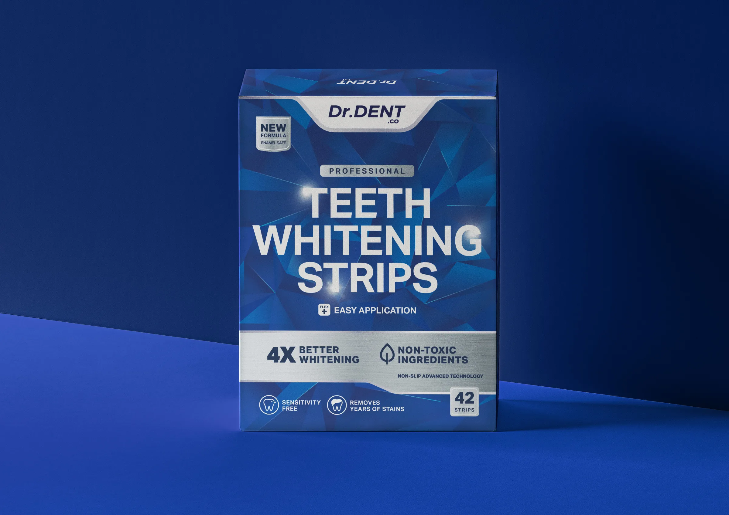 Dr.Dent牙齒美白條產品包裝設計，藍色與銀色效果