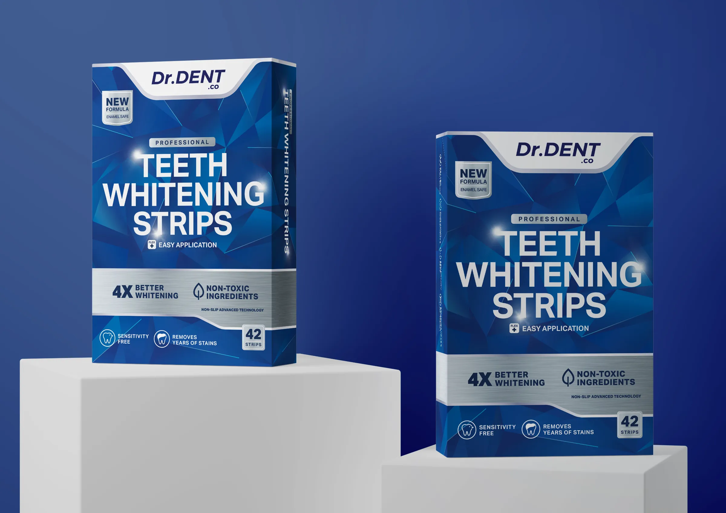 Dr.Dent牙齒美白條產品包裝設計，藍色與銀色效果
