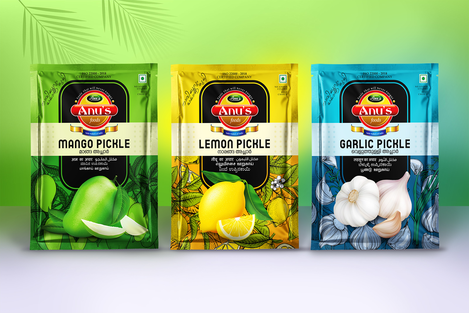 Anu’s Foods 袋裝泡菜咸菜水果干包裝設計，明亮配色與插畫