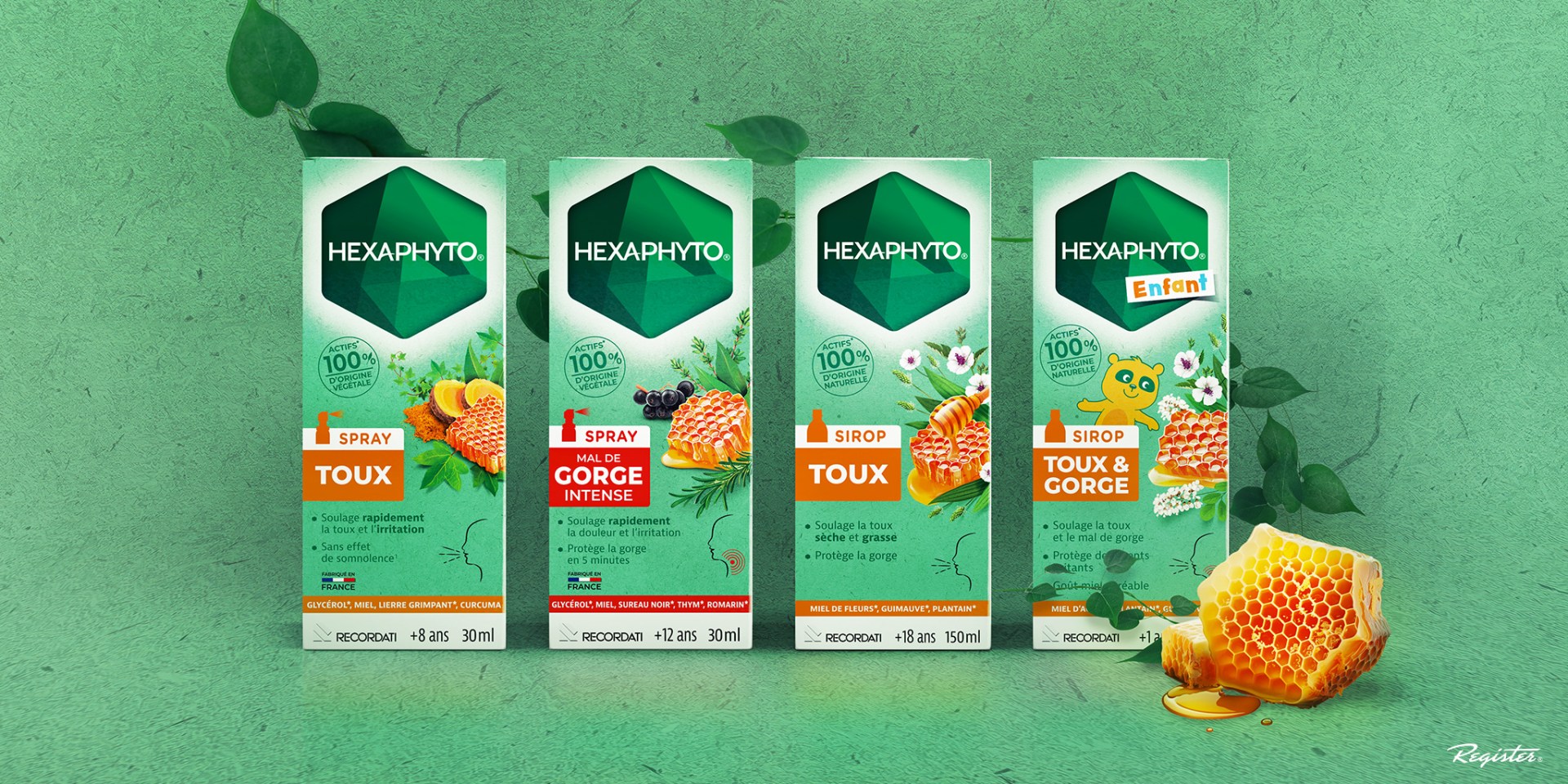 Hexaphyto蜂蜜止咳糖漿包裝設計，以自然綠色方式表達藥效