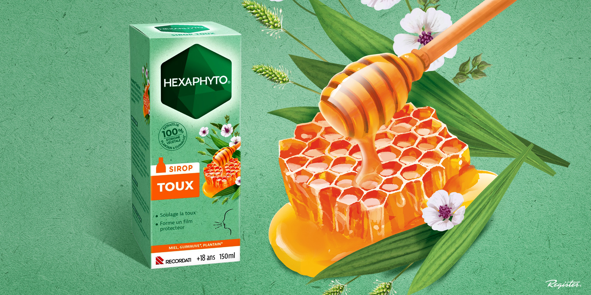 Hexaphyto蜂蜜止咳糖漿包裝設計，以自然綠色方式表達藥效