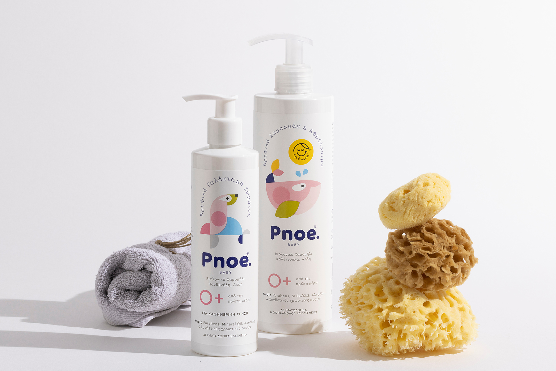 PNOE嬰兒洗護護理產品系列包裝設計,白色俏皮動物插圖元素 PNOE嬰兒洗護護理產品系列包裝設計,白色俏皮動物插圖元素