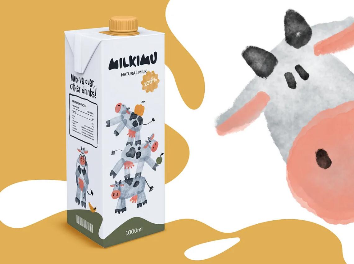 Milkimu牛奶乳制品品牌包裝設計和營銷圖形，可愛手繪卡通牛牛元素-大牛奶紙盒設計