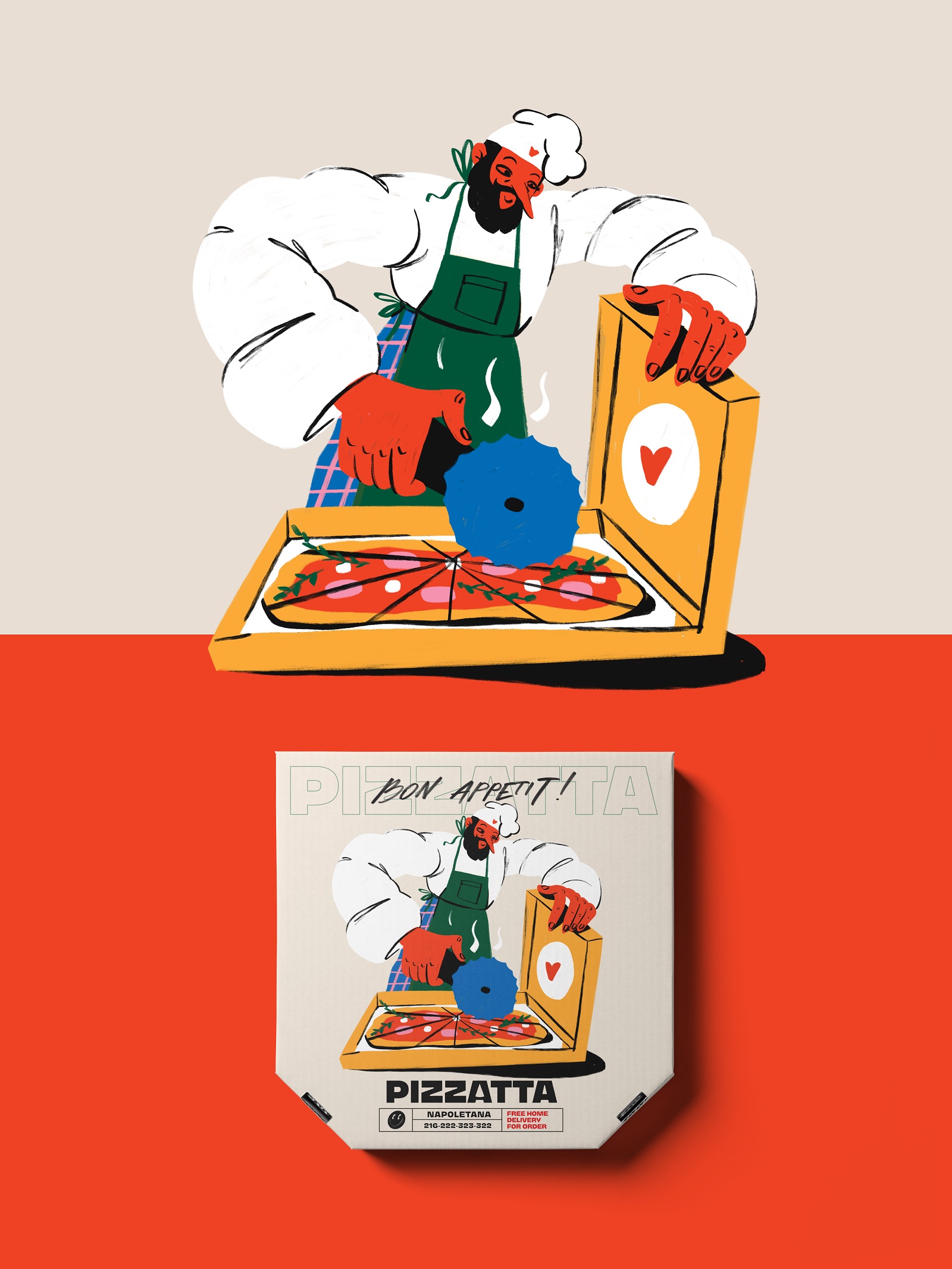 Pizzatta藝術插畫披薩品牌包裝設計，傳遞活力和歡快氛圍