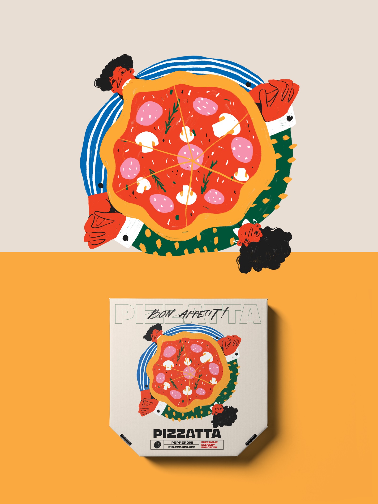 Pizzatta藝術插畫披薩品牌包裝設計，傳遞活力和歡快氛圍