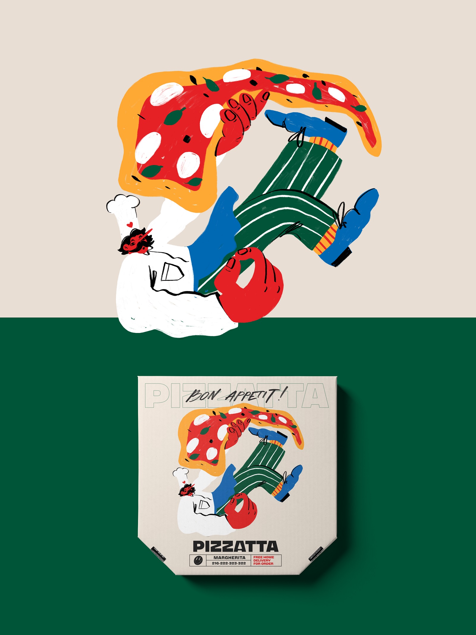 Pizzatta藝術插畫披薩品牌包裝設計，傳遞活力和歡快氛圍