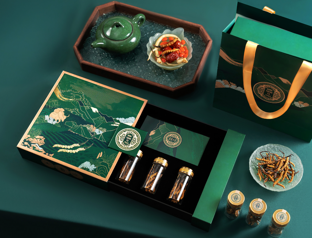 喜馬拉雅山冬蟲夏草套裝禮品禮盒包裝設計“自然山脈風景”插畫