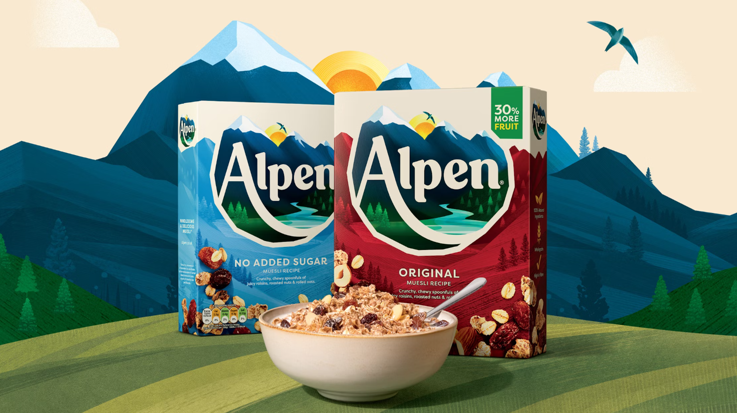 Alpen早餐燕麥谷物麥片打造新品牌與logo設計包裝設計,阿爾卑斯山插畫元素 Alpen早餐燕麥谷物麥片打造新品牌與logo設計包裝設計,阿爾卑斯山插畫元素