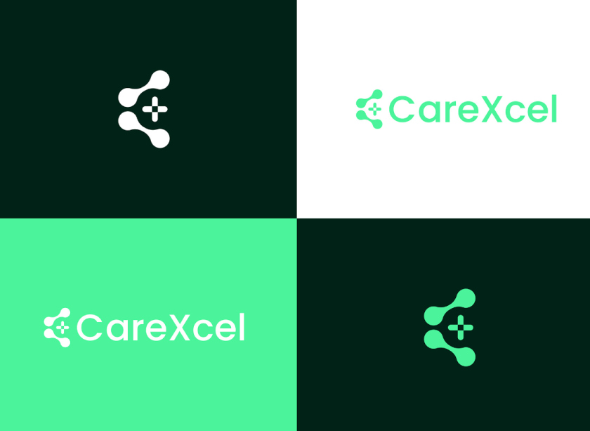 CareExcel 醫(yī)療保健解決方案公司logo設(shè)計(jì)vi設(shè)計(jì)，分子結(jié)構(gòu)加十字
