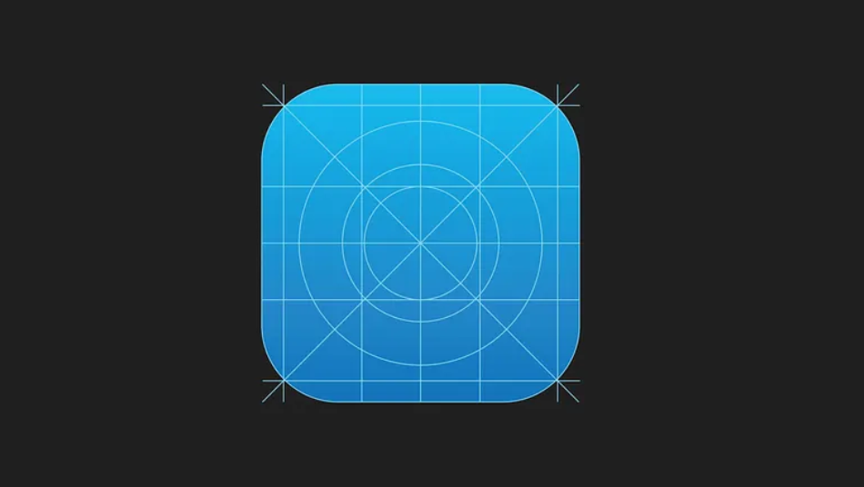 黑色背景上的藍色 iOS 應用圖標網格疊加層