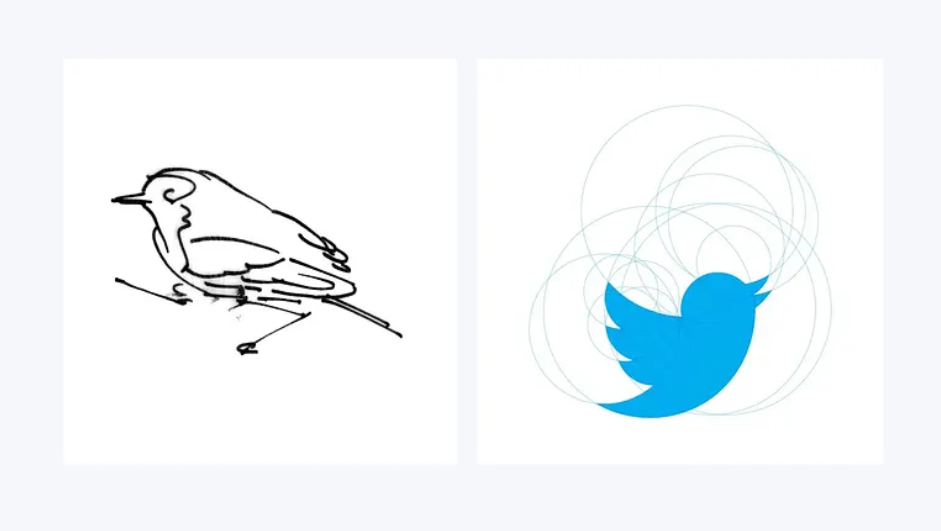 Twitter 小鳥標志logo設計由青色幾何圓圈和網格線構成