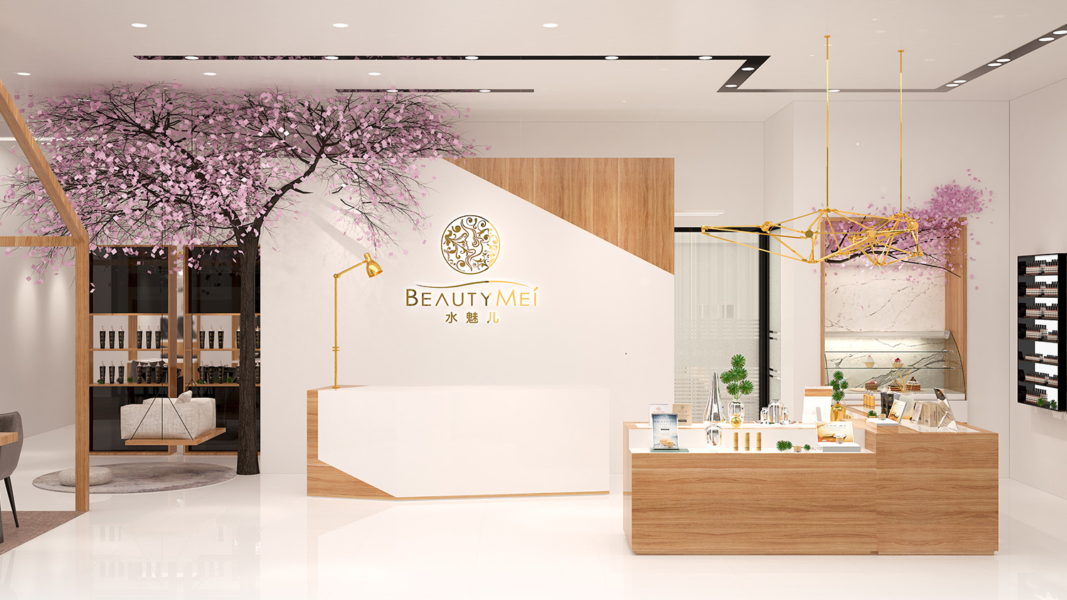 Beautymei水魅兒美甲護膚化妝品專賣體驗店鋪空間設計，黑色+深原木色風格